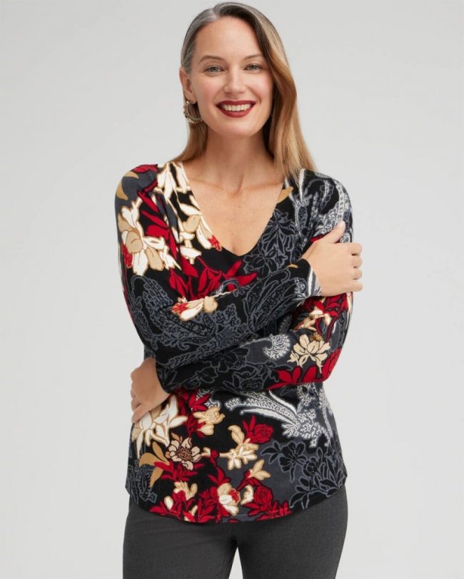 Chicos Scrolls V-neck Pullover Sweater - WILD POPPY
