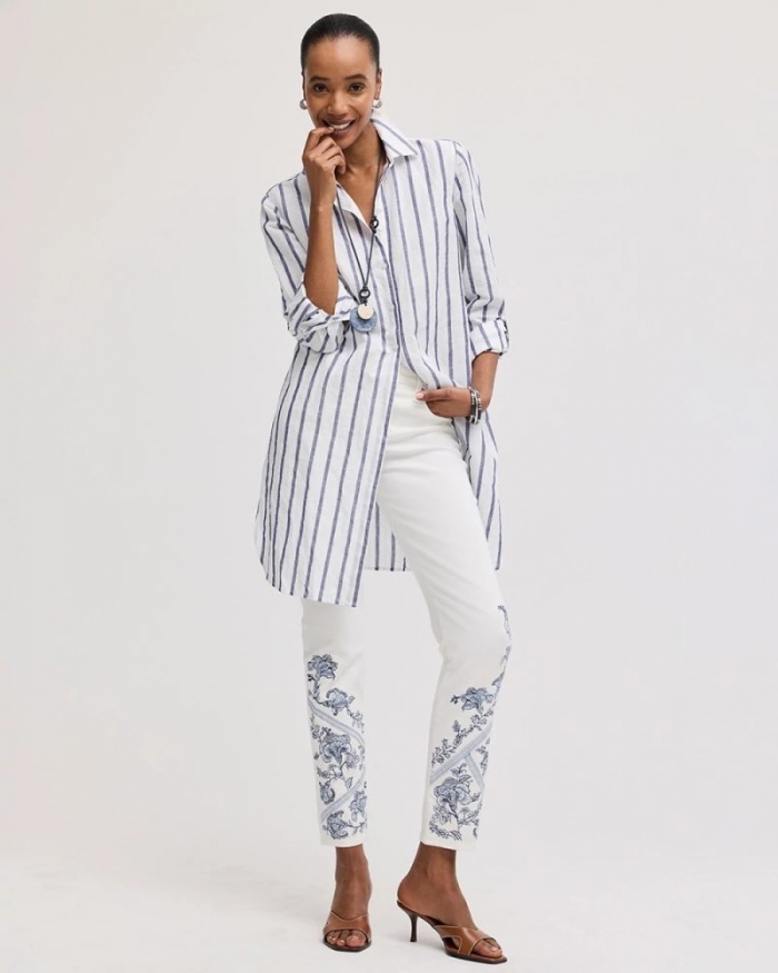 Chicos Embroidered Girlfriend Slim Ankle Jeans - ALABASTER