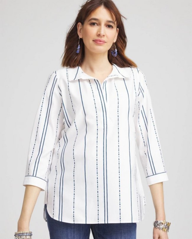 Chicos No Iron Striped Buttonback Stretch Tunic - SEAPORT