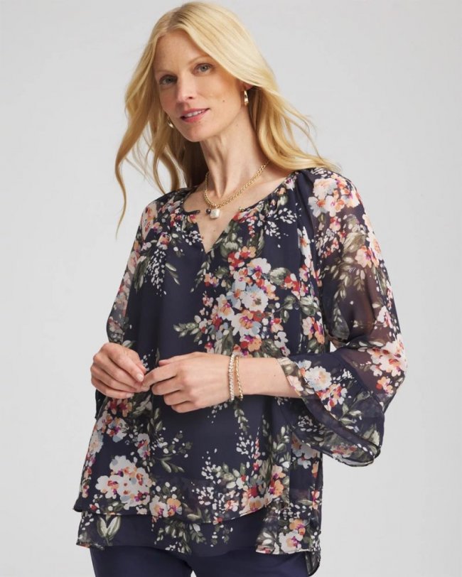 Chicos Floral Georgette Blouse - PASSPORT BLUE