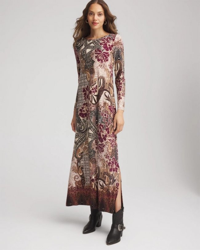 Chicos Patchwork Boatneck Column Maxi Dress - GRAPHITE GRAY