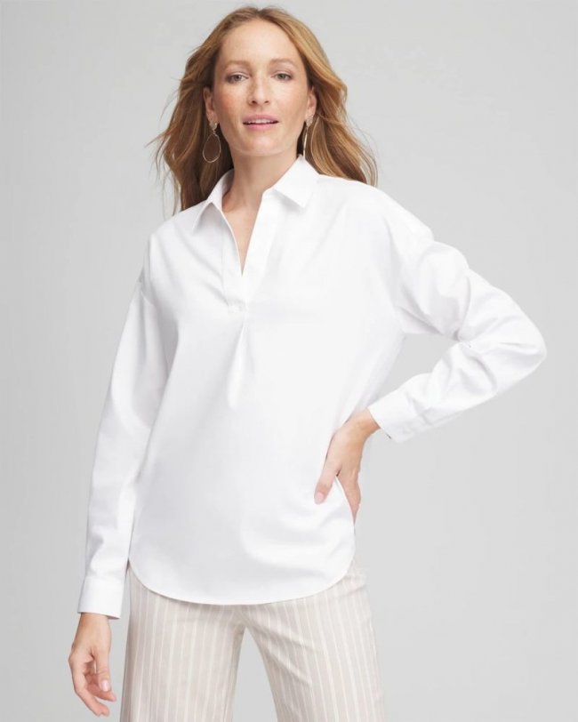 Chicos No Iron Popover Shirt - OPTIC WHITE