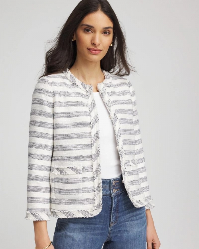 Chicos Striped Tweed Collarless Box Jacket - ECRU