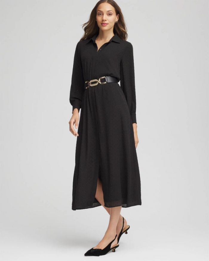 Chicos Sequined Long-Sleeved Maxi Shirtdress - BLACK