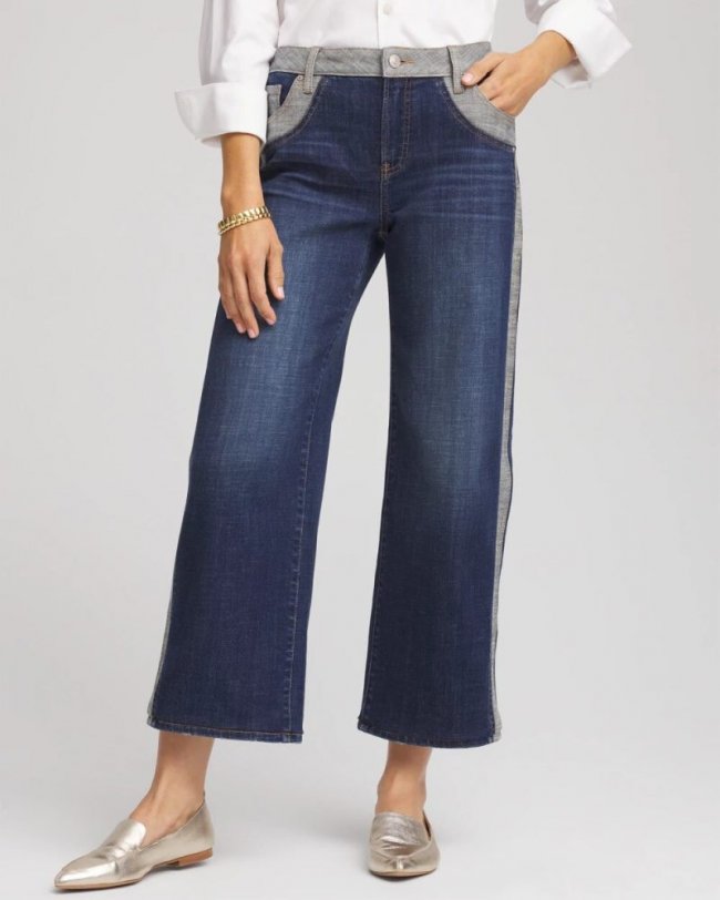 Chicos Girlfriend Cropped Colorblock Wide-Leg Jeans - ECLIPSE INDIGO