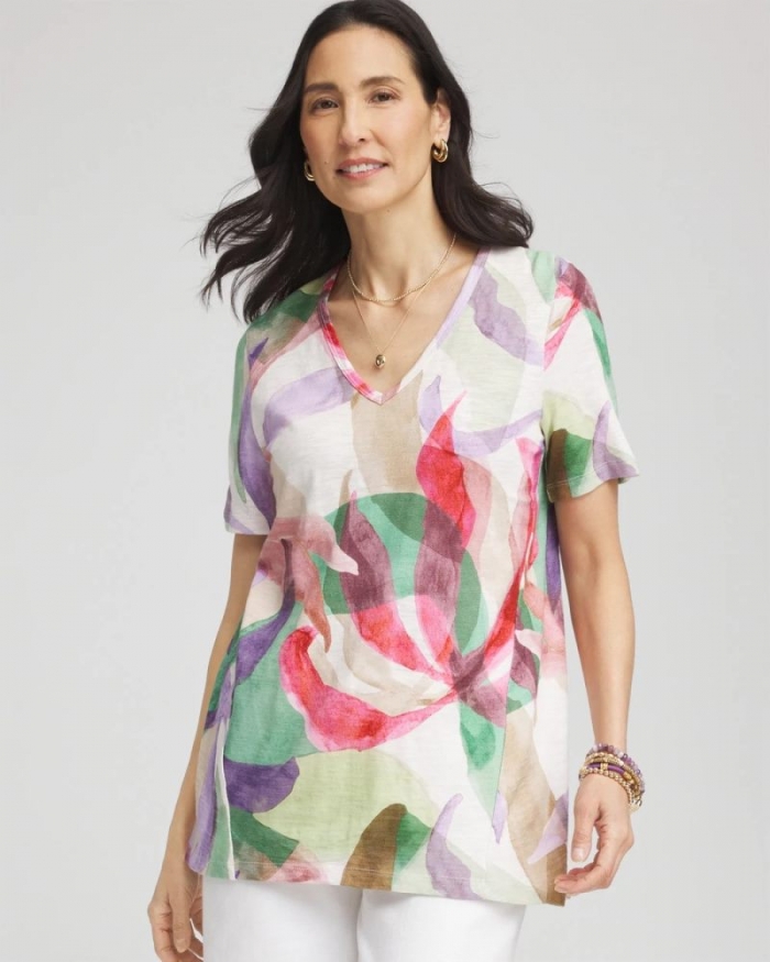 Chicos Floral Short Sleeve Forward-Seam Tee - ALABASTER