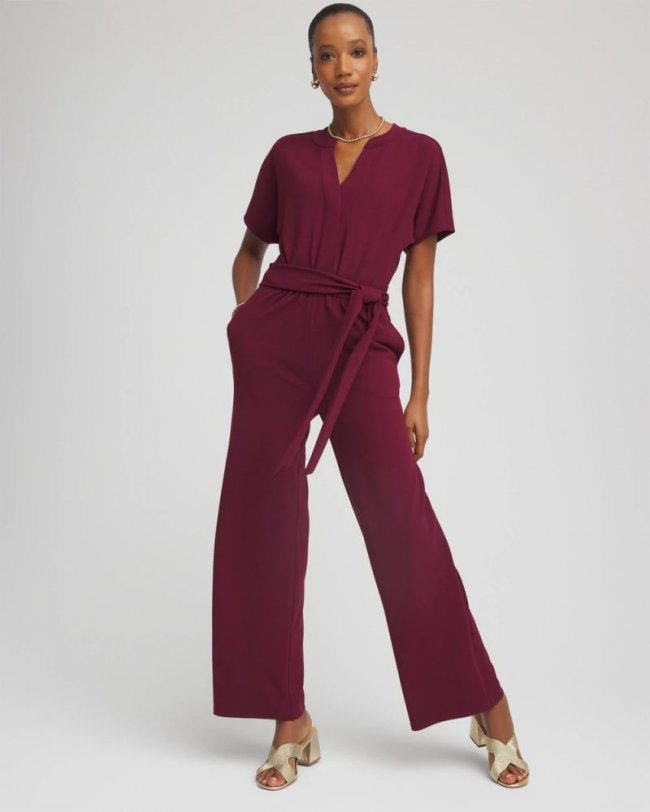Chicos Belted Dolman-Sleeve Jumpsuit - DEEP CHIANTI
