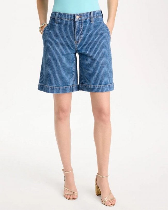 Chicos Striped Denim Trouser Shorts - INDIGO