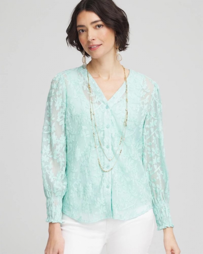 Chicos Floral Soutache V-Neck Blouse - TEAL WATERS
