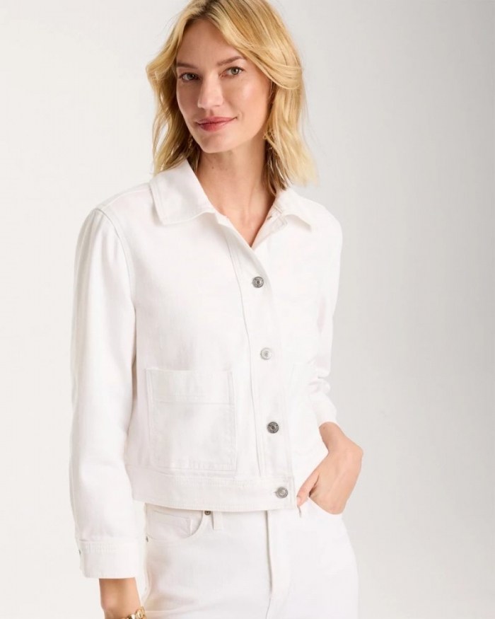 Chicos Cropped Denim Trucker Jacket - ALABASTER