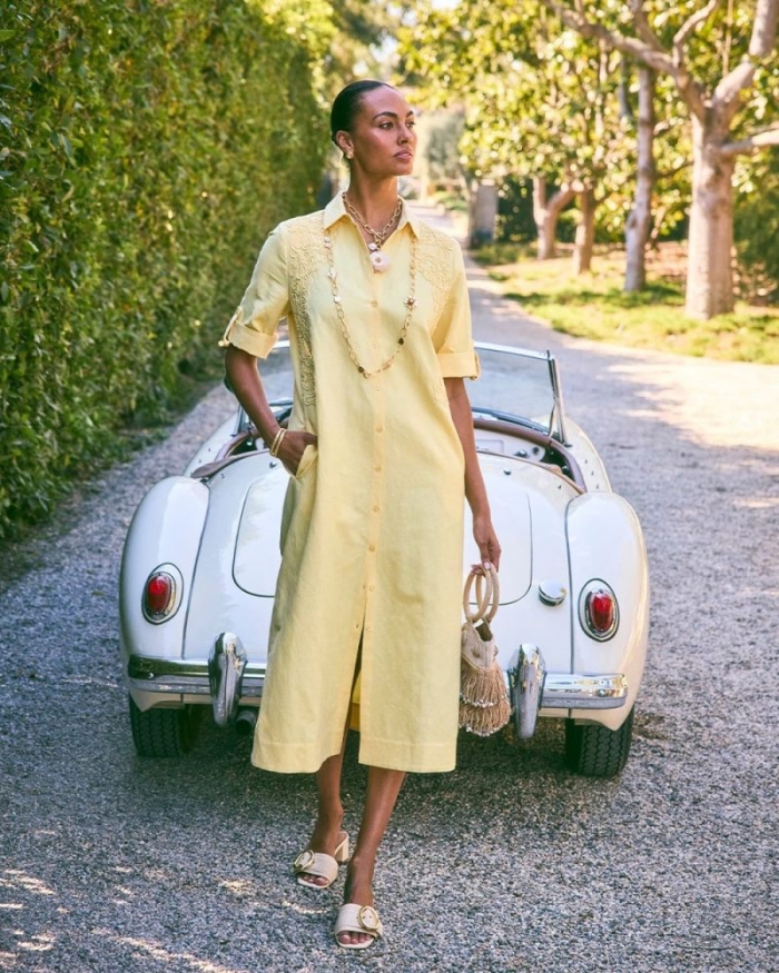 Chicos Embellished Linen-Cotton Shirtdress - GOLDEN HAZE