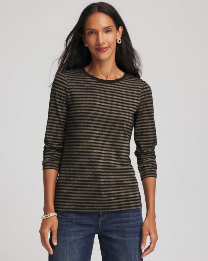 Chicos Touch of Cool™ Metallic Striped Layering Tee - BLACK
