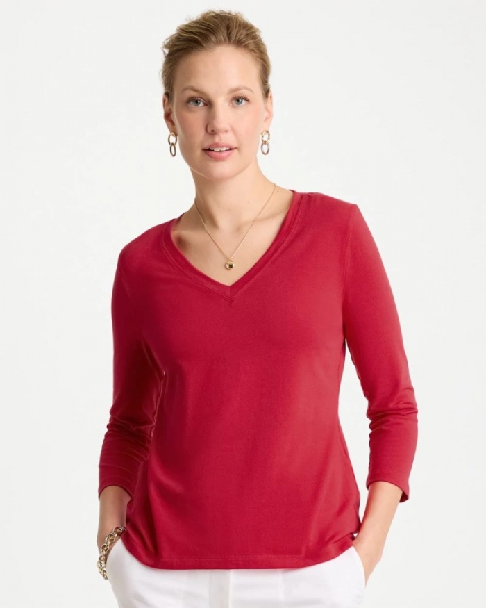 Chicos Cotton Stretch 3/4 Sleeve Tee - CHERRY LUSH