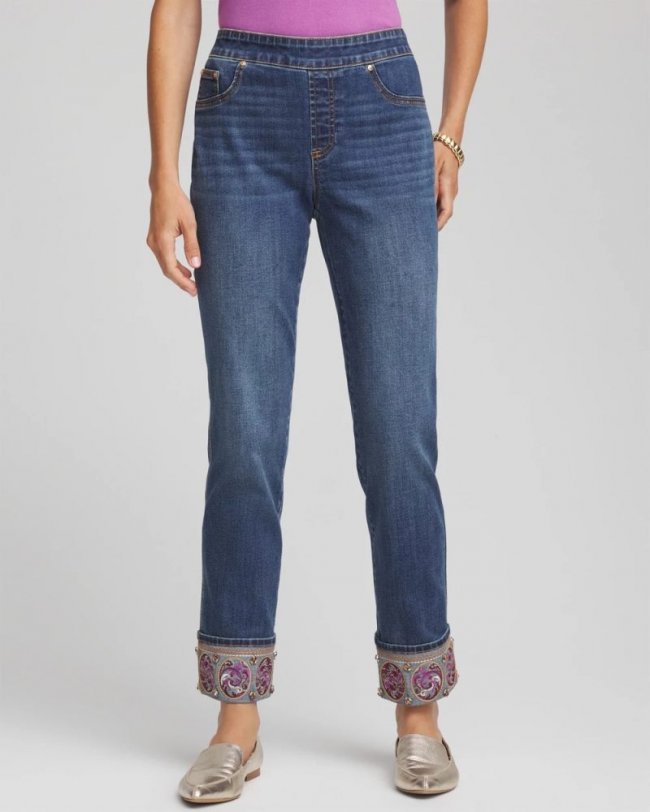 Chicos Embellished Pull-On Slim Ankle Jeggings - BUTTERCUP INDIGO