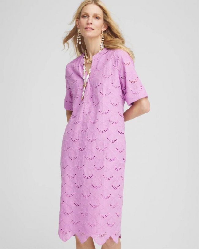 Chicos Eyelet Popover Dress - LAVENDER SKIES