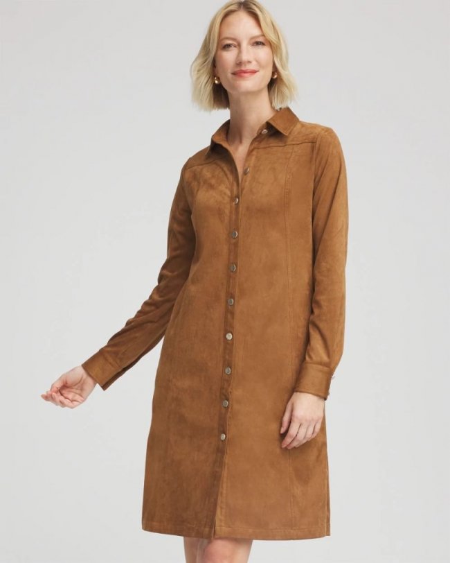 Chicos Faux Suede Shirtdress - BURNT SIENNA