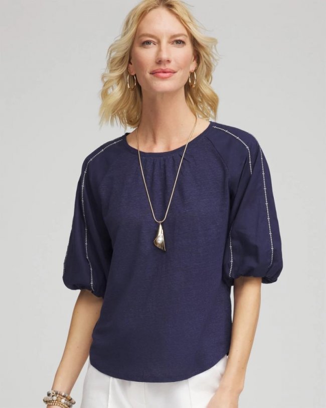 Chicos Linen Balloon-Sleeve Blouse - PASSPORT BLUE