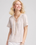 Chicos Linen Lace-Cutwork Sleeve Henley Tee - RIVER ROCK Chicos Linen Lace-Cutwork Sleeve Henley Tee - RIVER ROCK