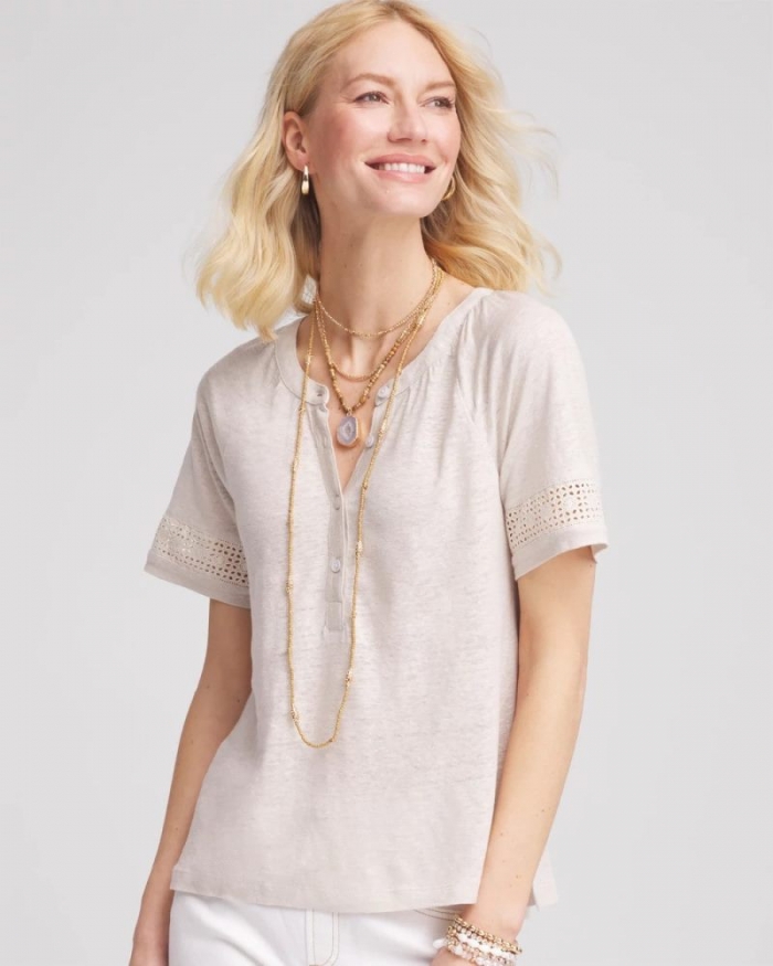 Chicos Linen Lace-Cutwork Sleeve Henley Tee - RIVER ROCK