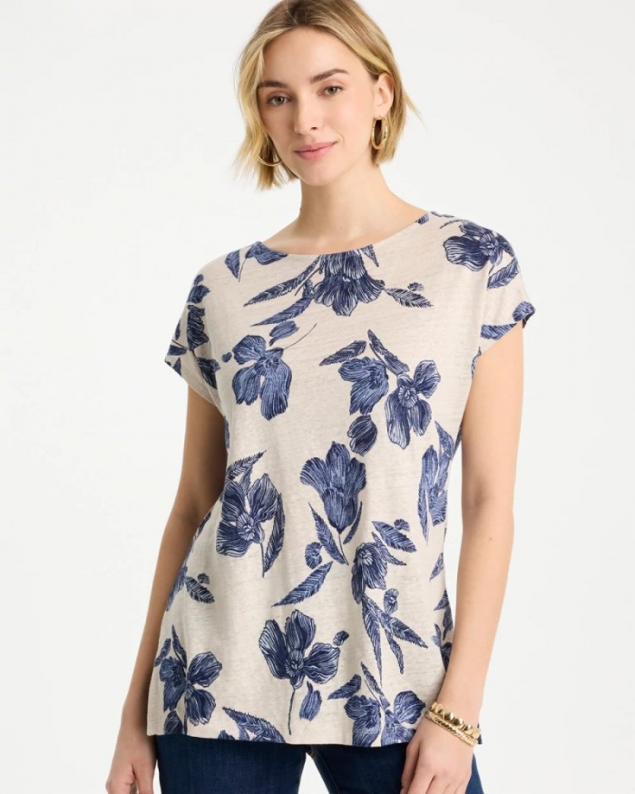 Chicos Floral Linen Dolman Tee - RIVER ROCK