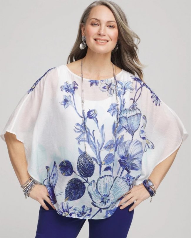 Chicos Woven Butterfly Print Poncho - ALABASTER