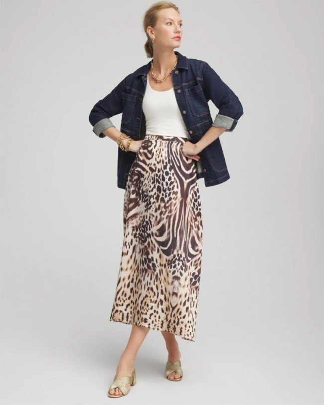 Chicos Animal Bengal Marks Faux Satin Skirt - BLACK