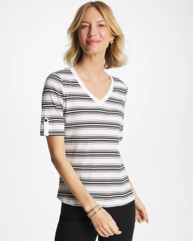 Chicos Pima V-Neck Tab Sleeve Tee - BLACK
