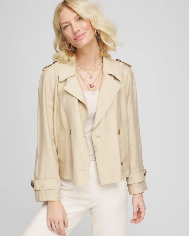 Chicos Double-Breasted Cropped Trench Coat - WILD TRUFFLE Chicos Double-Breasted Cropped Trench Coat - WILD TRUFFLE