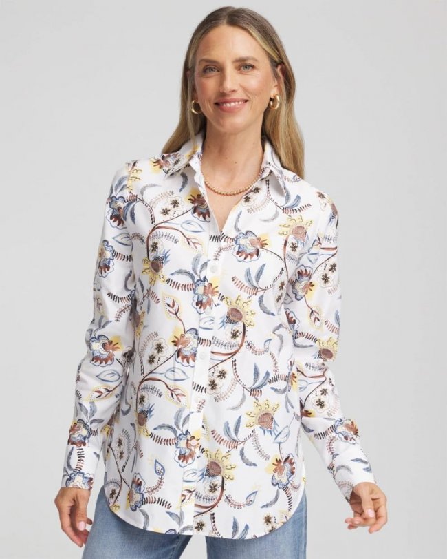 Chicos No Iron Long-Sleeved Floral Shirt - OPTIC WHITE