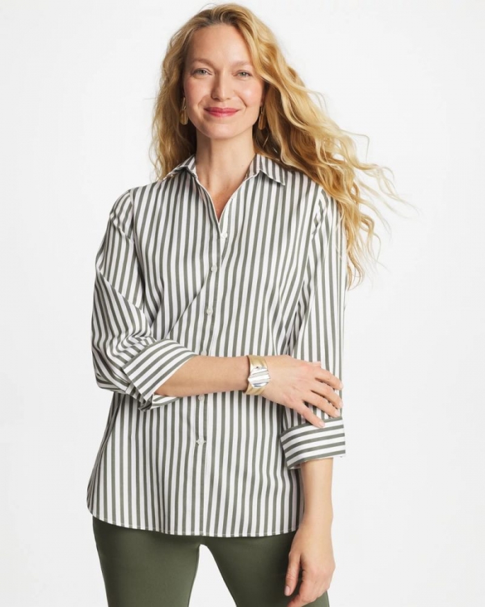 Chicos No Iron Stretch Striped Shirt - KELP FOREST