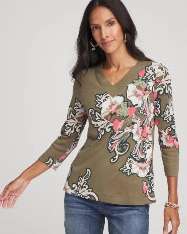Chicos Pima 3/4 Sleeve Tee - DARKEST SPRUCE