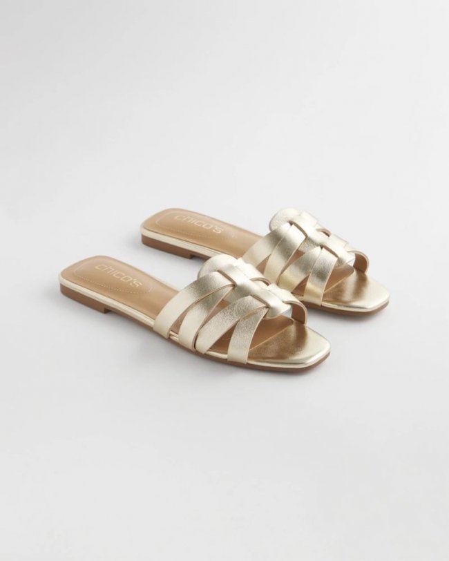Chicos Leather Cassidy Cross-Strap Slide Shoes - GOLD