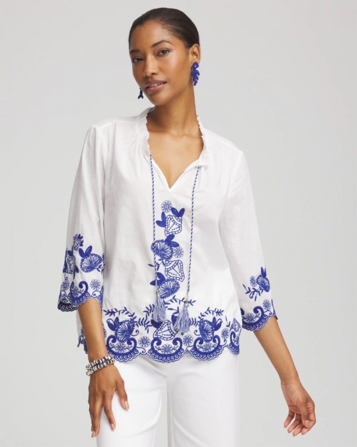 Chicos Embroidered Tassel Tie-Front Blouse - RICH COBALT