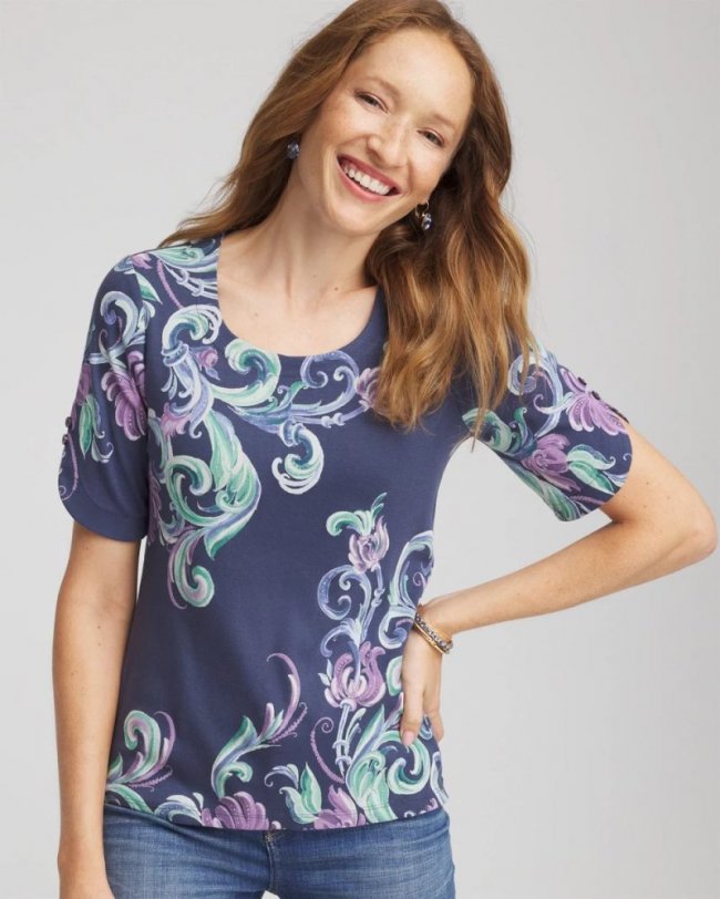 Chicos Tulip Sleeve Pima Tee - TEAL SHADOW