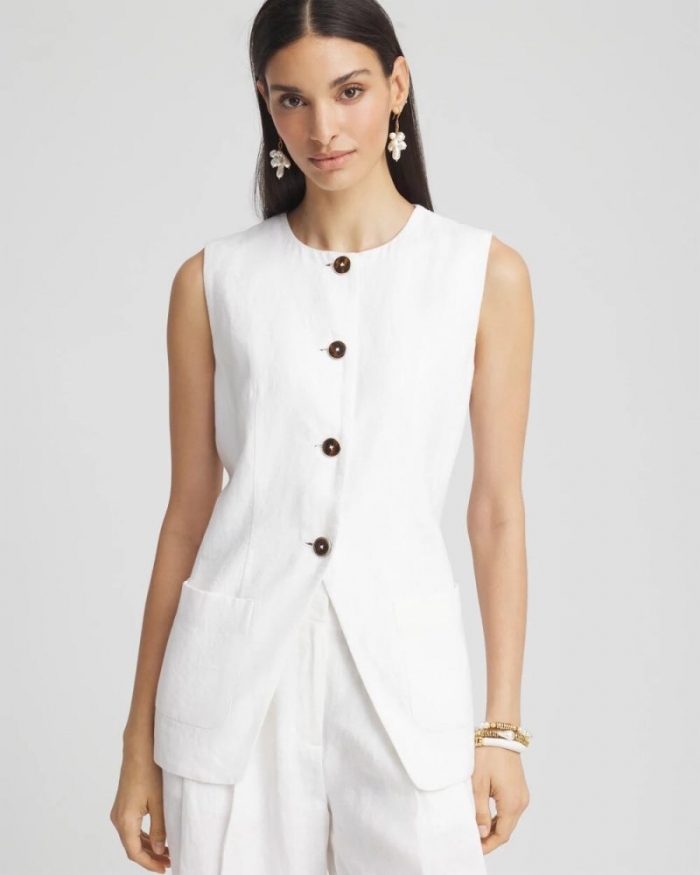 Chicos Linen Button-Front Shirt Vest - ALABASTER