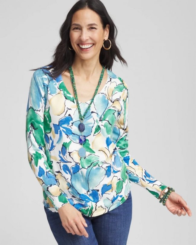 Chicos V-Neck Printed Pullover - ECRU