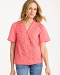 Chicos Embroidered Button-Front Tee - CALYPSO CORAL
