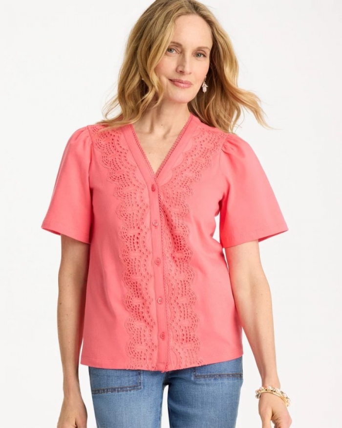 Chicos Embroidered Button-Front Tee - CALYPSO CORAL