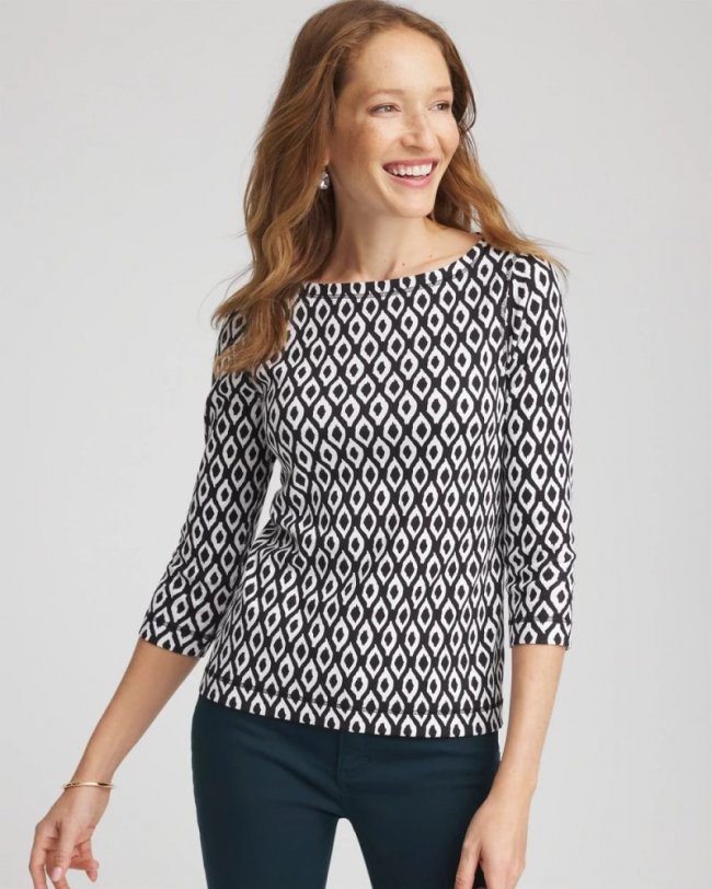 Chicos Pima 3/4 Sleeve Tee - BLACK