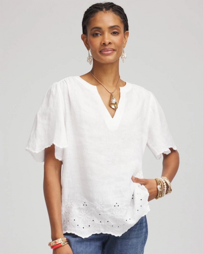 Chicos Linen Embroidered Hem Blouse - ALABASTER