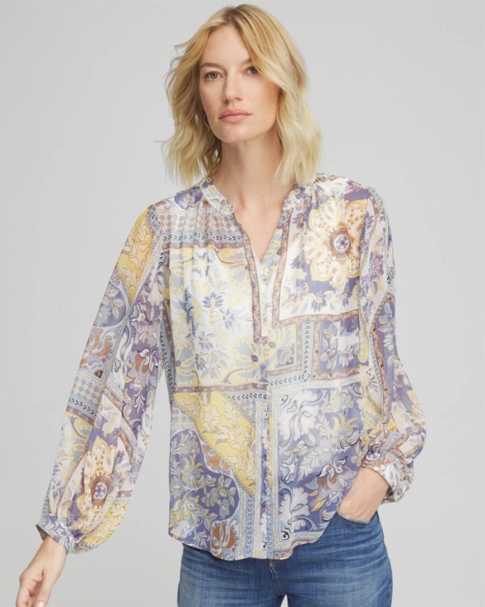 Chicos Artisanal Georgette Blouson-Sleeve Blouse - BLUE LOTUS