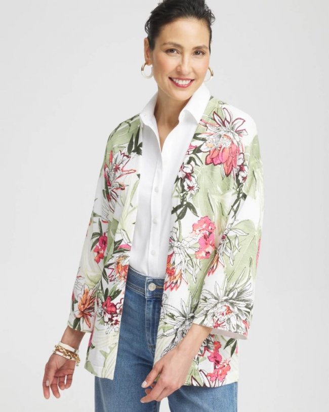 Chicos Summer Romance Floral Cardigan - ALABASTER