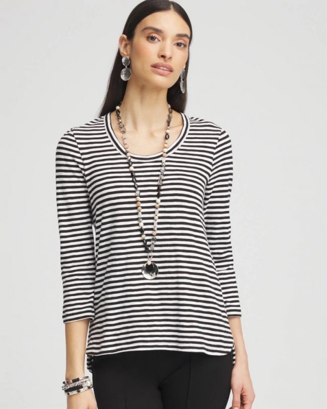 Chicos Striped Slub 3/4-Sleeve Tee - ALABASTER
