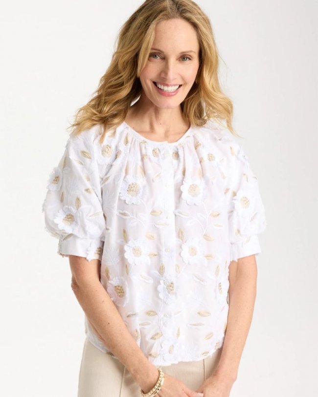 Chicos Cotton Metallic Applique Embroidered Top - ALABASTER