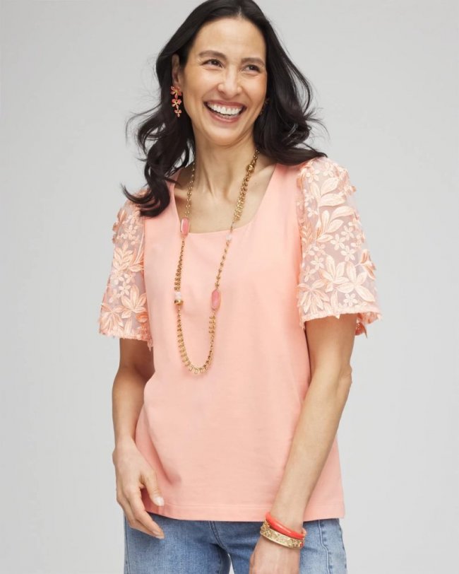 Chicos Floral Sleeved Square-Neck Tee - CORAL BLOSSOM