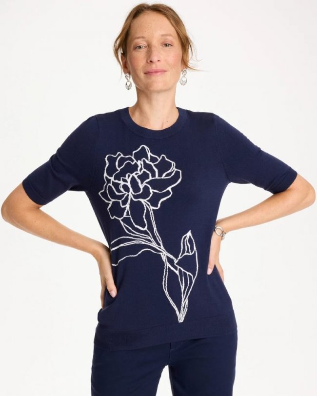 Chicos Ella Short-Sleeve Floral Sweater - PASSPORT BLUE