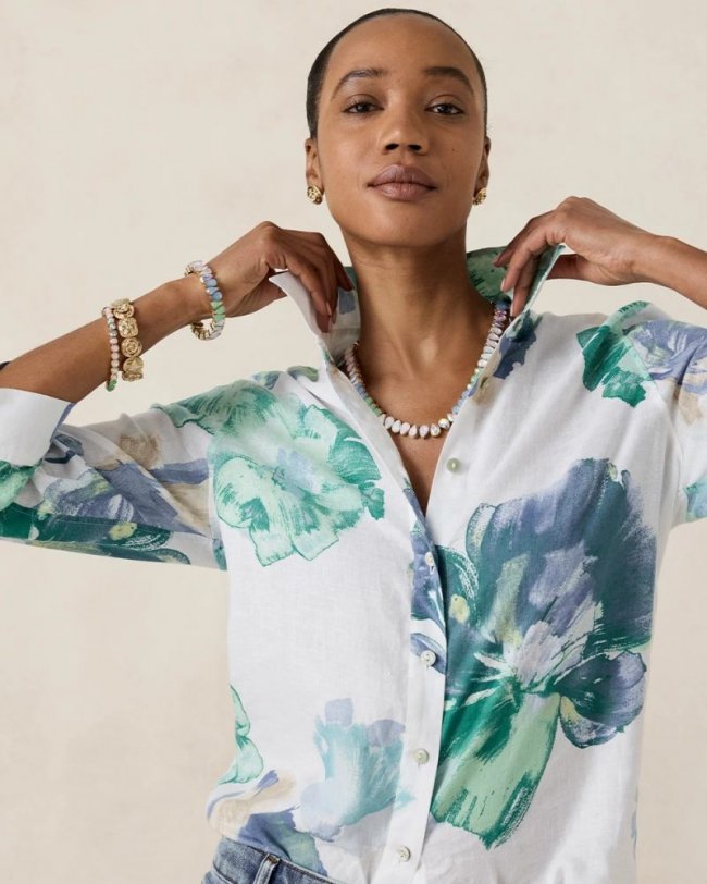 Chicos No Iron Printed Linen Shirt - PASSPORT BLUE