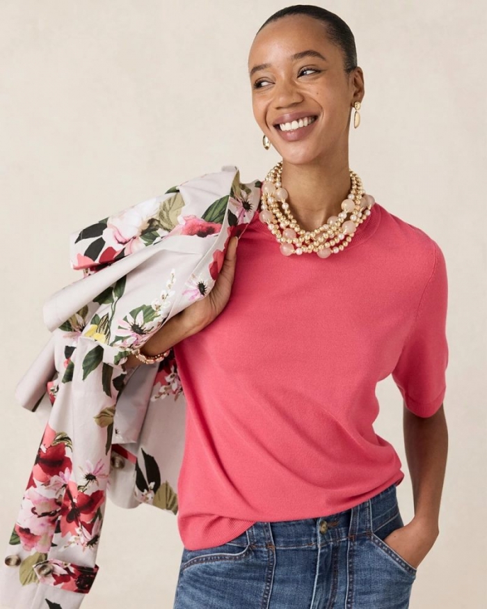 Chicos Ella Crewneck Pullover Sweater - HOT HONEYSUCKLE