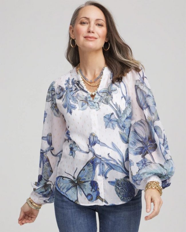 Chicos Butterfly Chiffon Split Neck Blouse - BLUE CASA