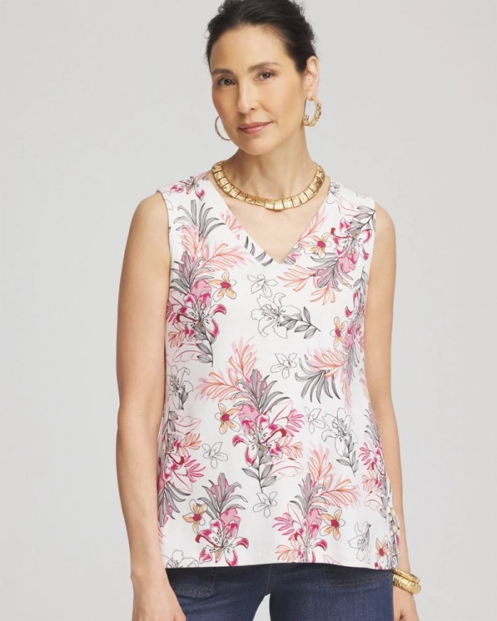 Chicos Floral Sleeveless V-Neck Tank - ALABASTER
